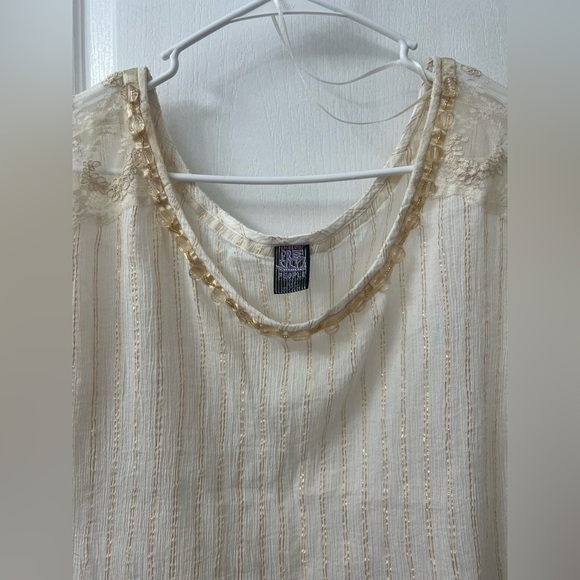 Free People Vintage Ivory Short Sleeve Beaded Wide Neck Blouse (Size S) - Picture 7 of 12